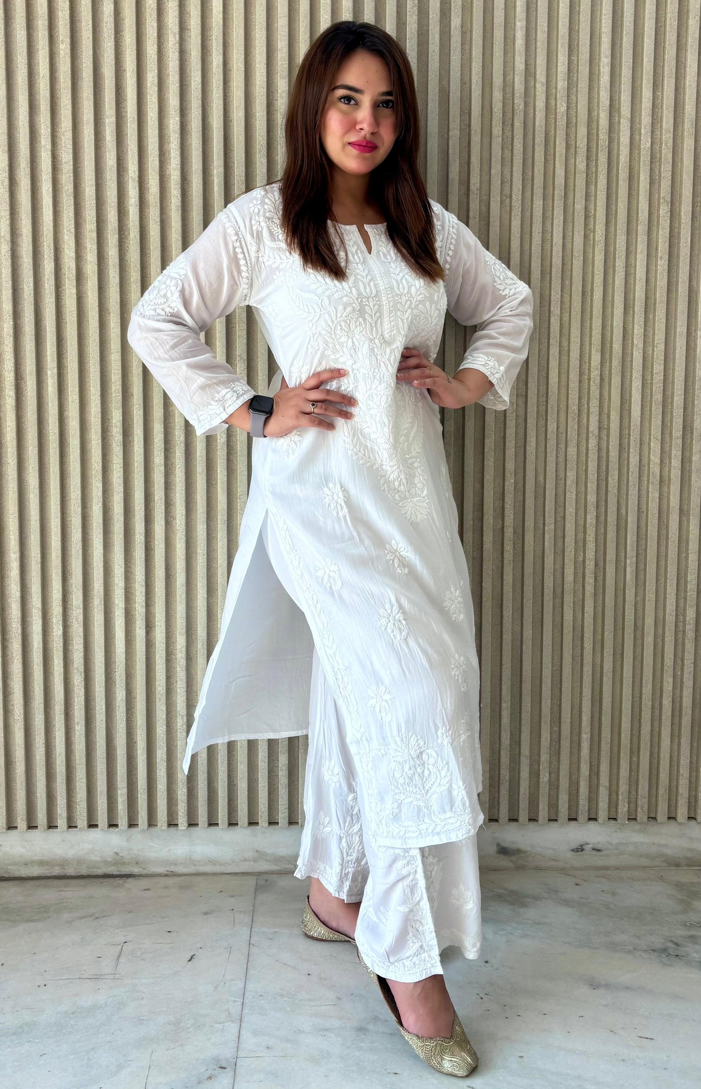 Roohani Premium modal kurta plazzo set with lucknowi threadwork kurti