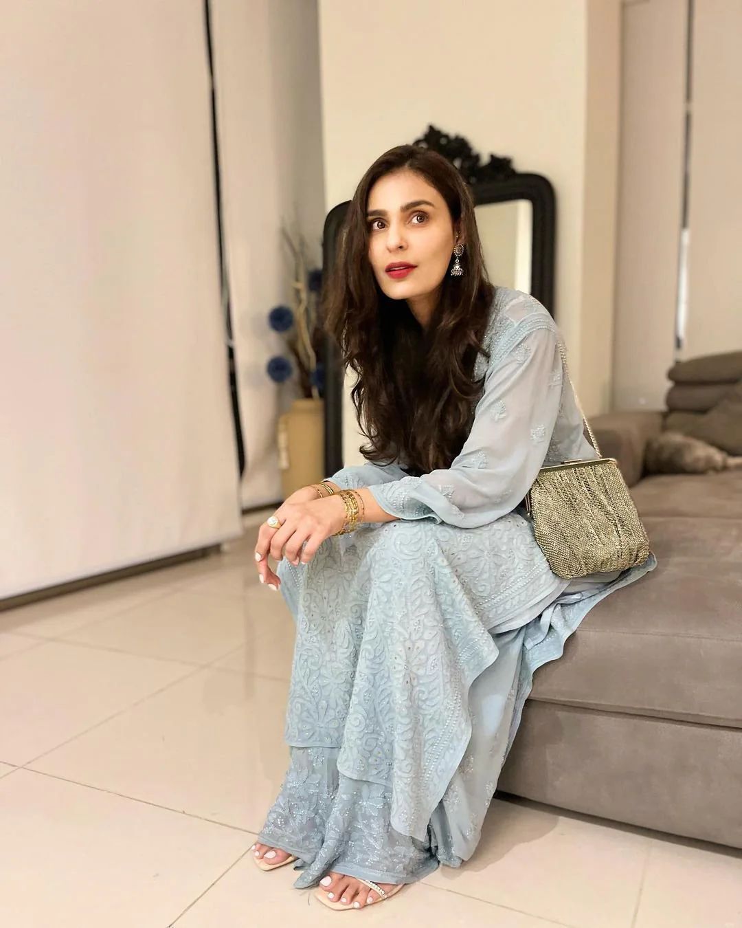 Fareen beautiful resham mukesh work viscose jall kurti paired with plazzo and chiffon dupatta.