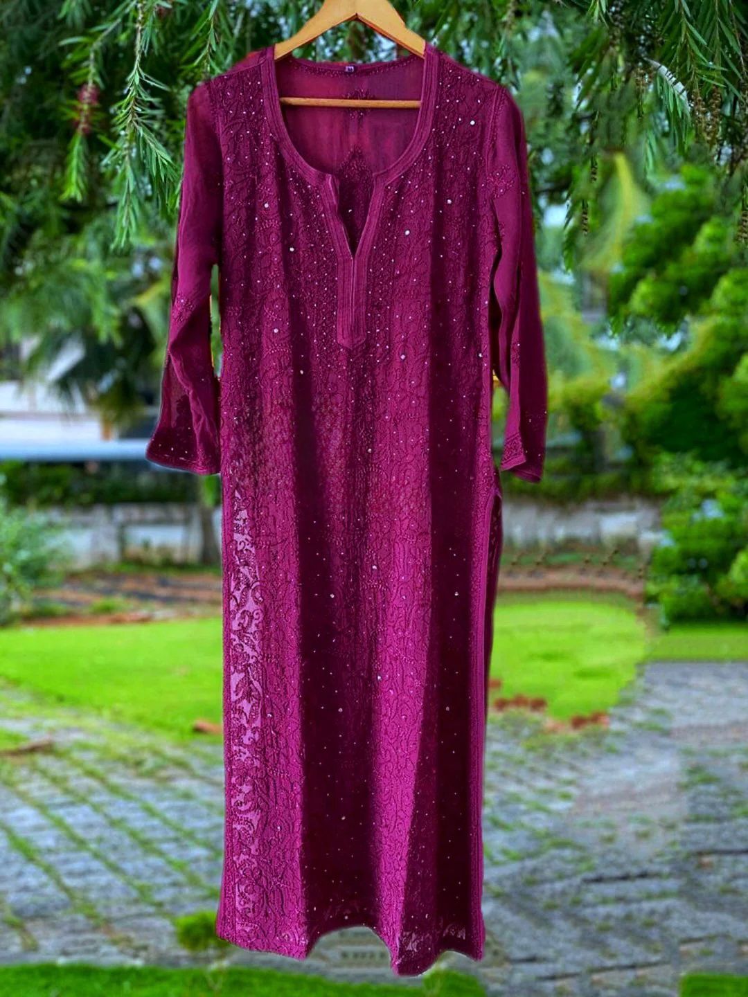 Fareen beautiful resham mukesh work viscose jall kurti paired with plazzo and chiffon dupatta.