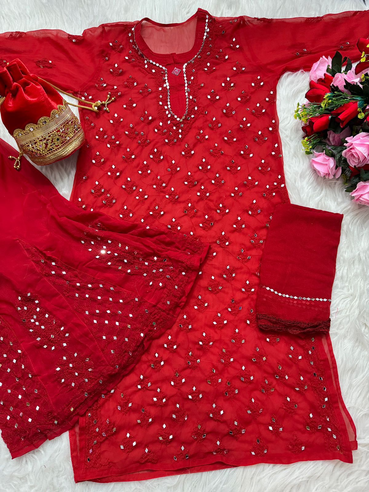 Kareema lucknowi chikankari 5 piece set with free velvet potli bag