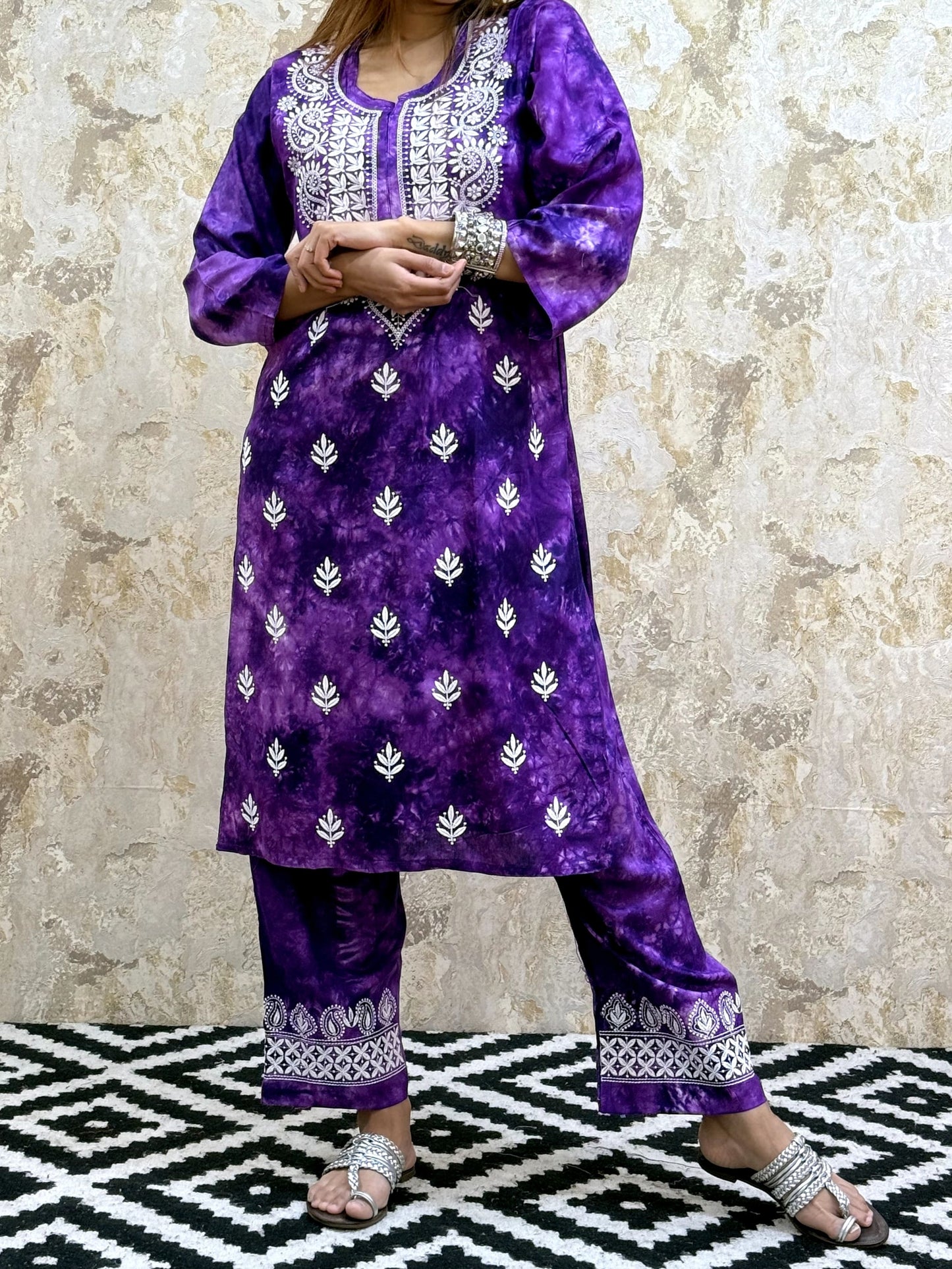 Embroidered Lucknowi Chikankari Tie Dye Rayon Kurta Set