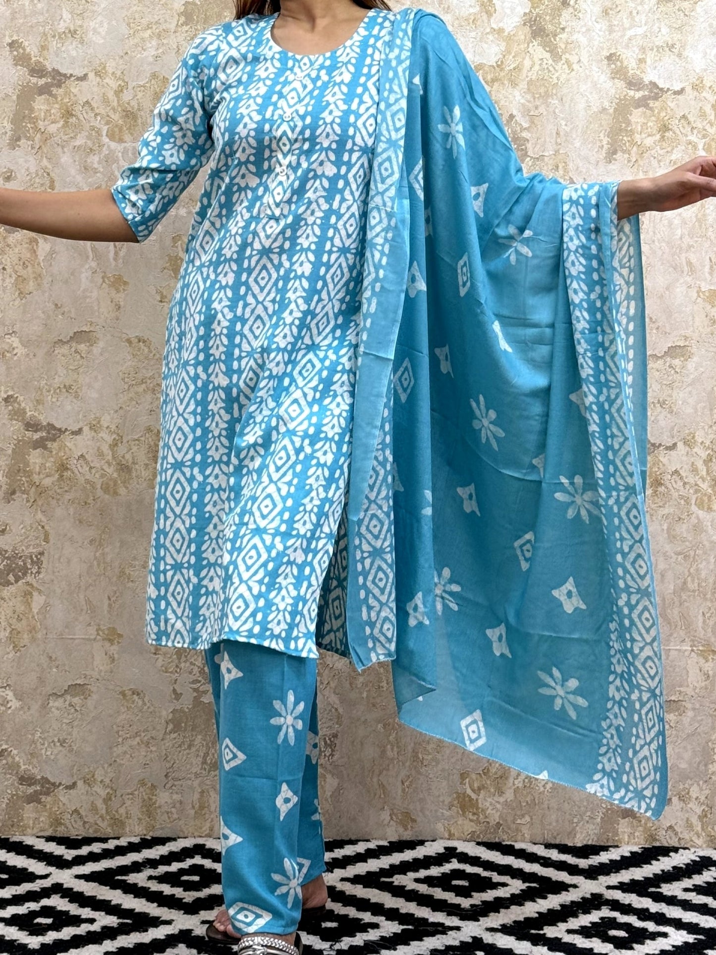 Bandhani Printed Pure Cotton Kurta With Trousers and Dupatta