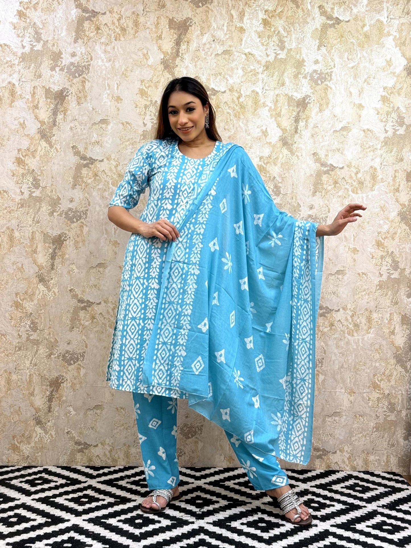 Bandhani Printed Pure Cotton Kurta With Trousers and Dupatta