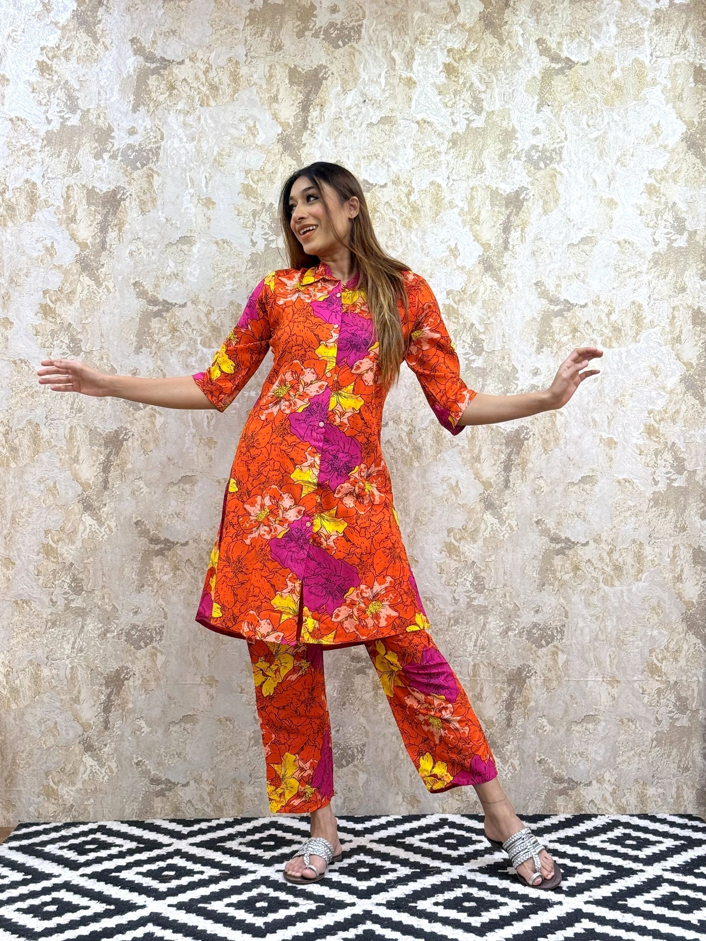 Floral Printed Relax Fit Pure Cotton Kurta With Trousers