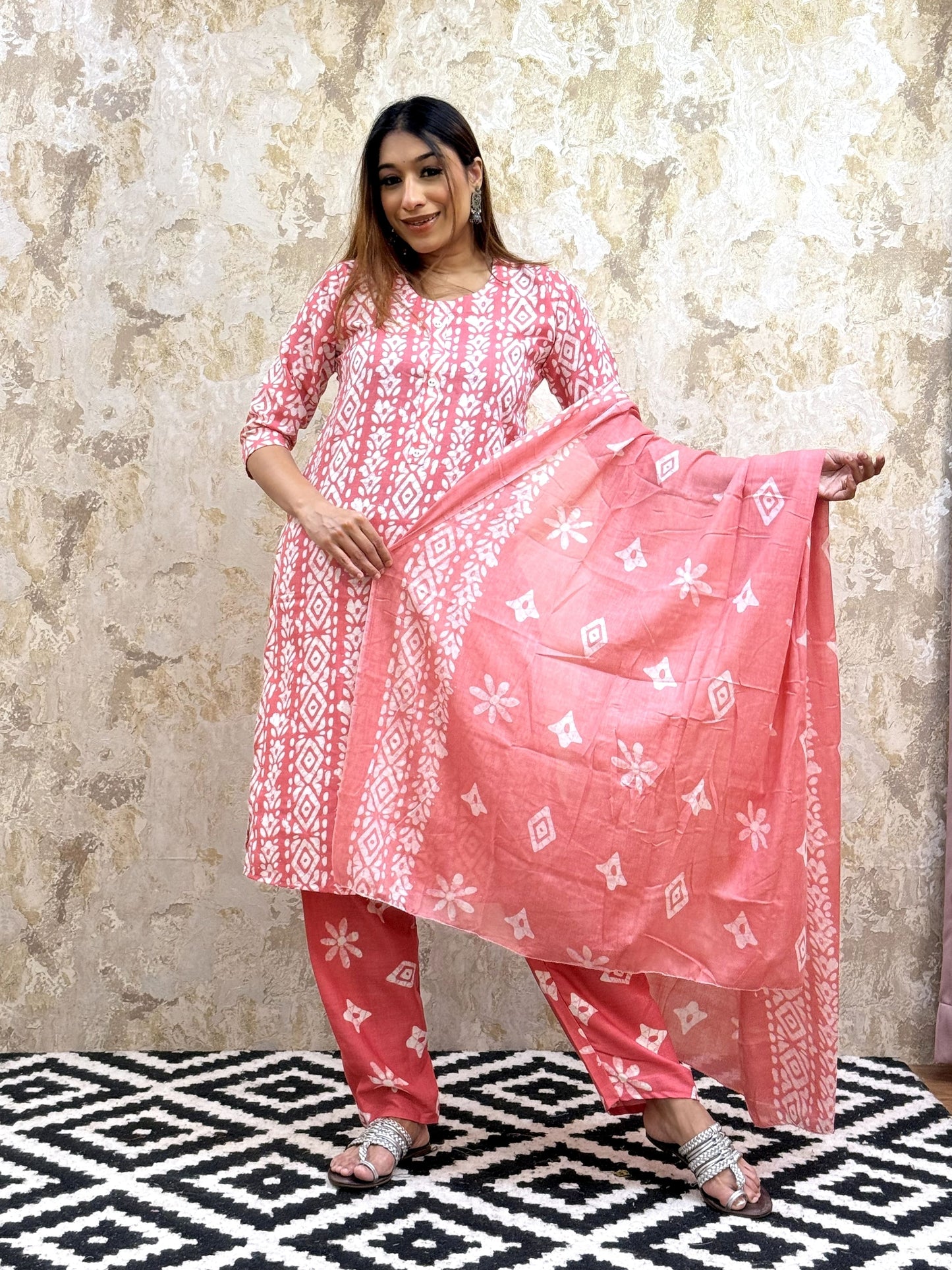 Bandhani Printed Pure Cotton Kurta With Trousers and Dupatta