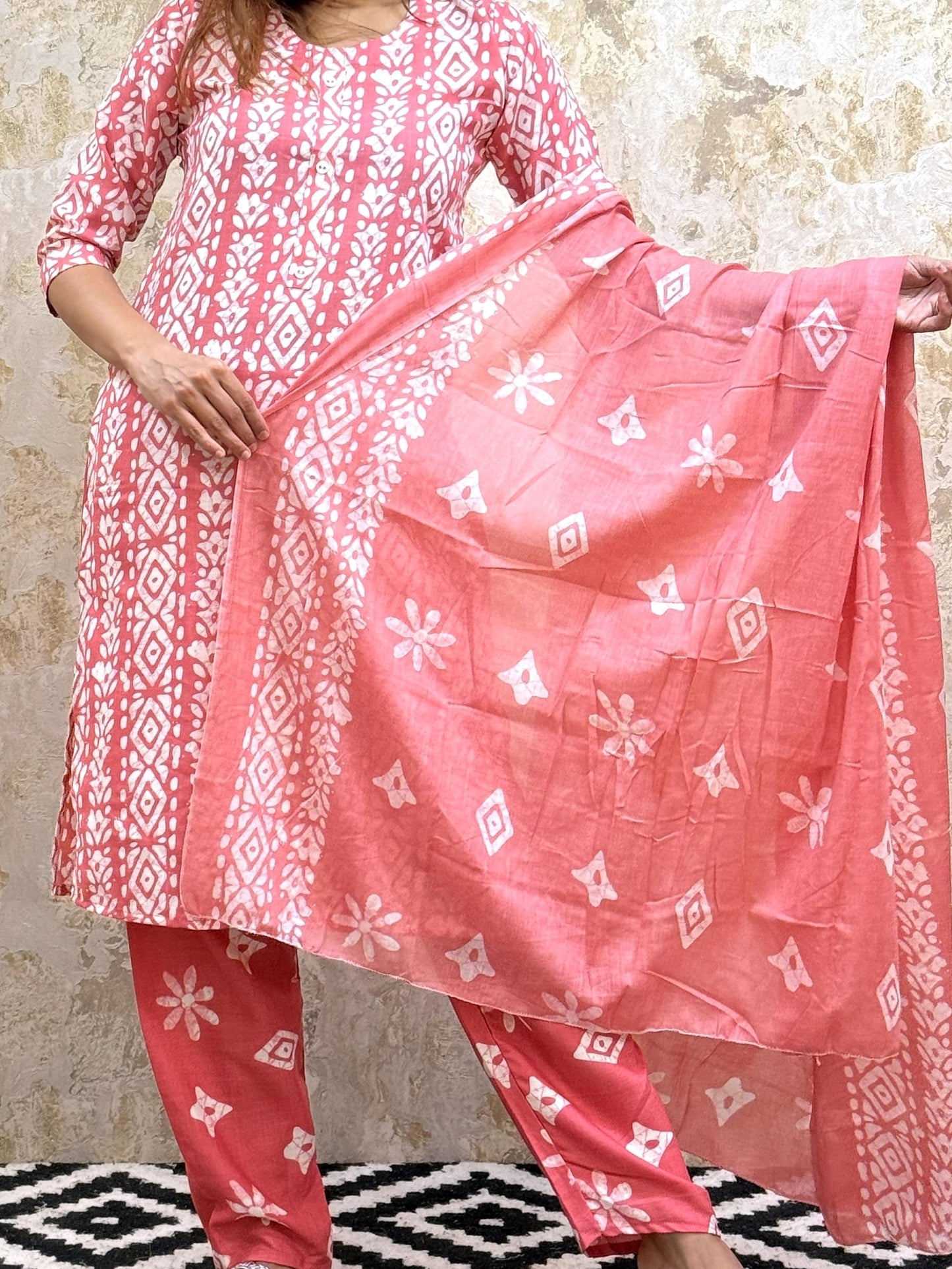 Bandhani Printed Pure Cotton Kurta With Trousers and Dupatta