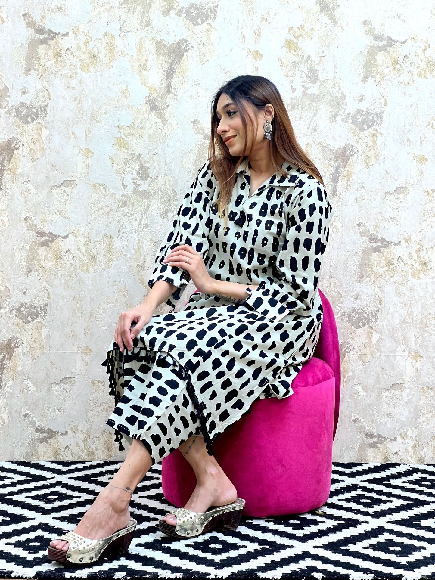 Abstract Print Stones and Popom Lace Kurta With Trousers