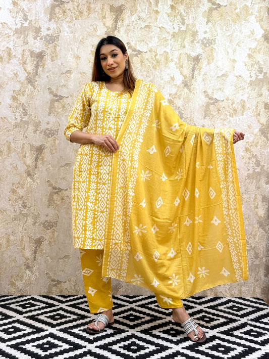 Bandhani Printed Pure Cotton Kurta With Trousers and Dupatta