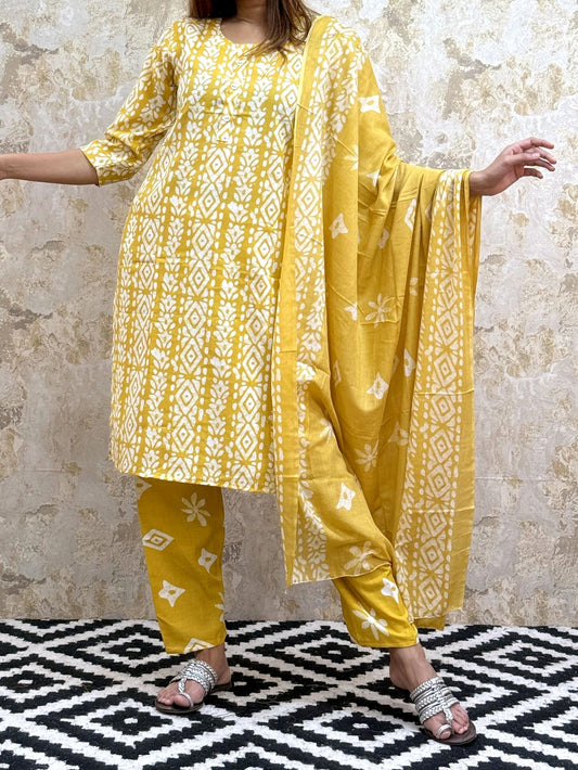 Bandhani Printed Pure Cotton Kurta With Trousers and Dupatta