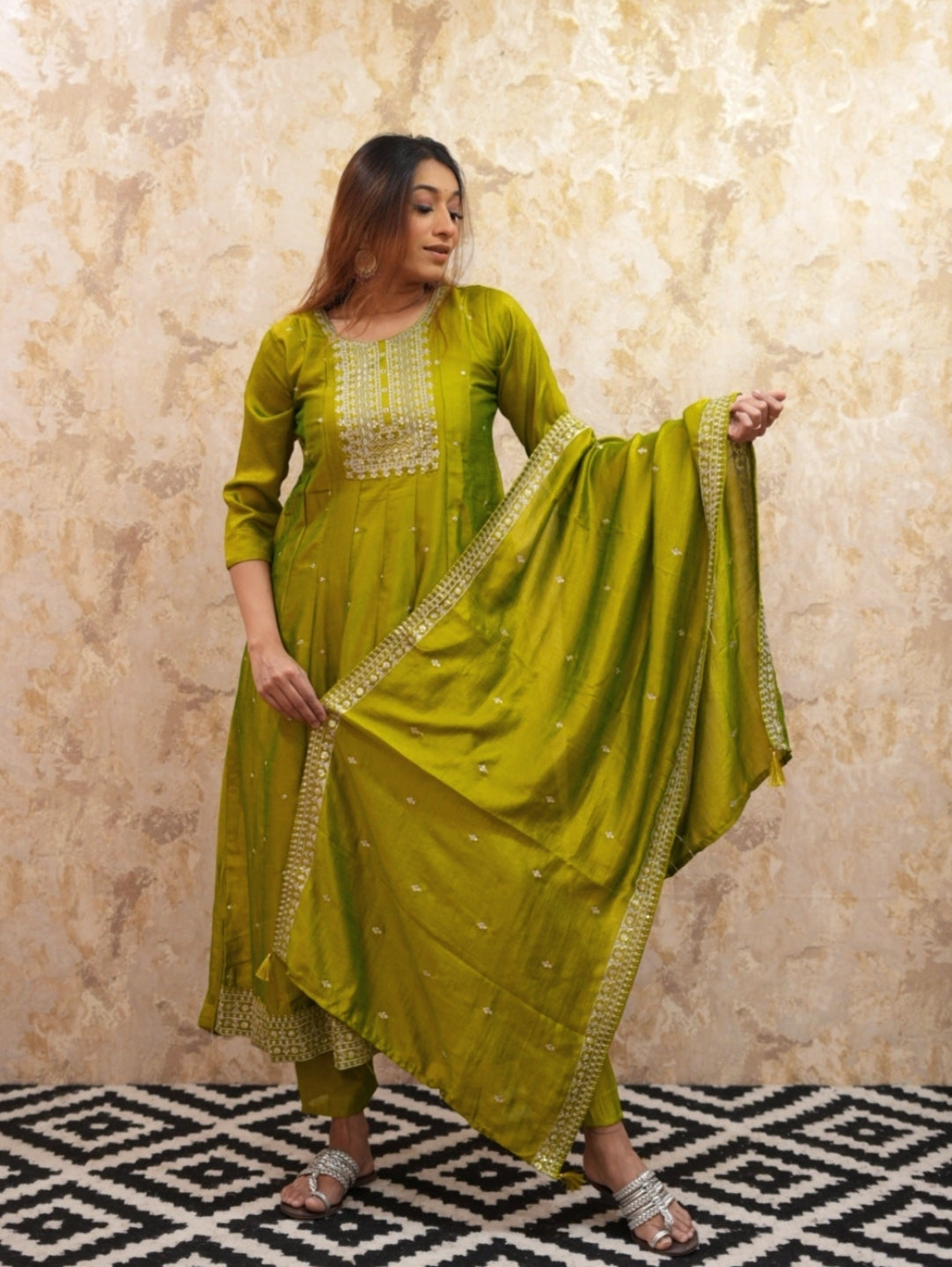 Embroidered Anarkali Kurta With Trousers and Dupatta