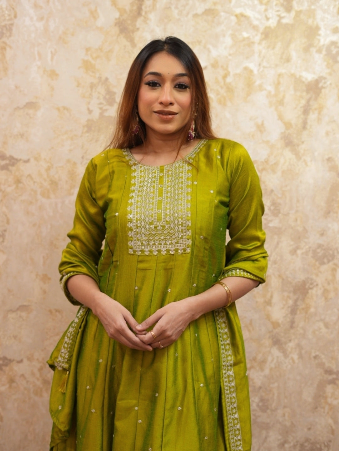 Embroidered Anarkali Kurta With Trousers and Dupatta