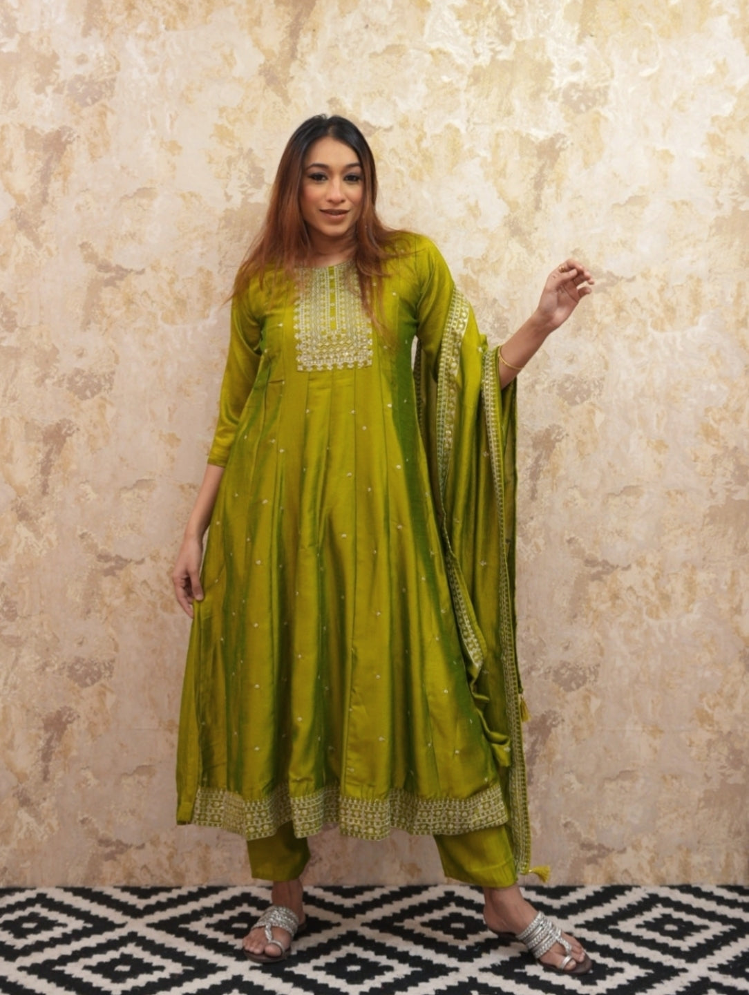 Embroidered Anarkali Kurta With Trousers and Dupatta