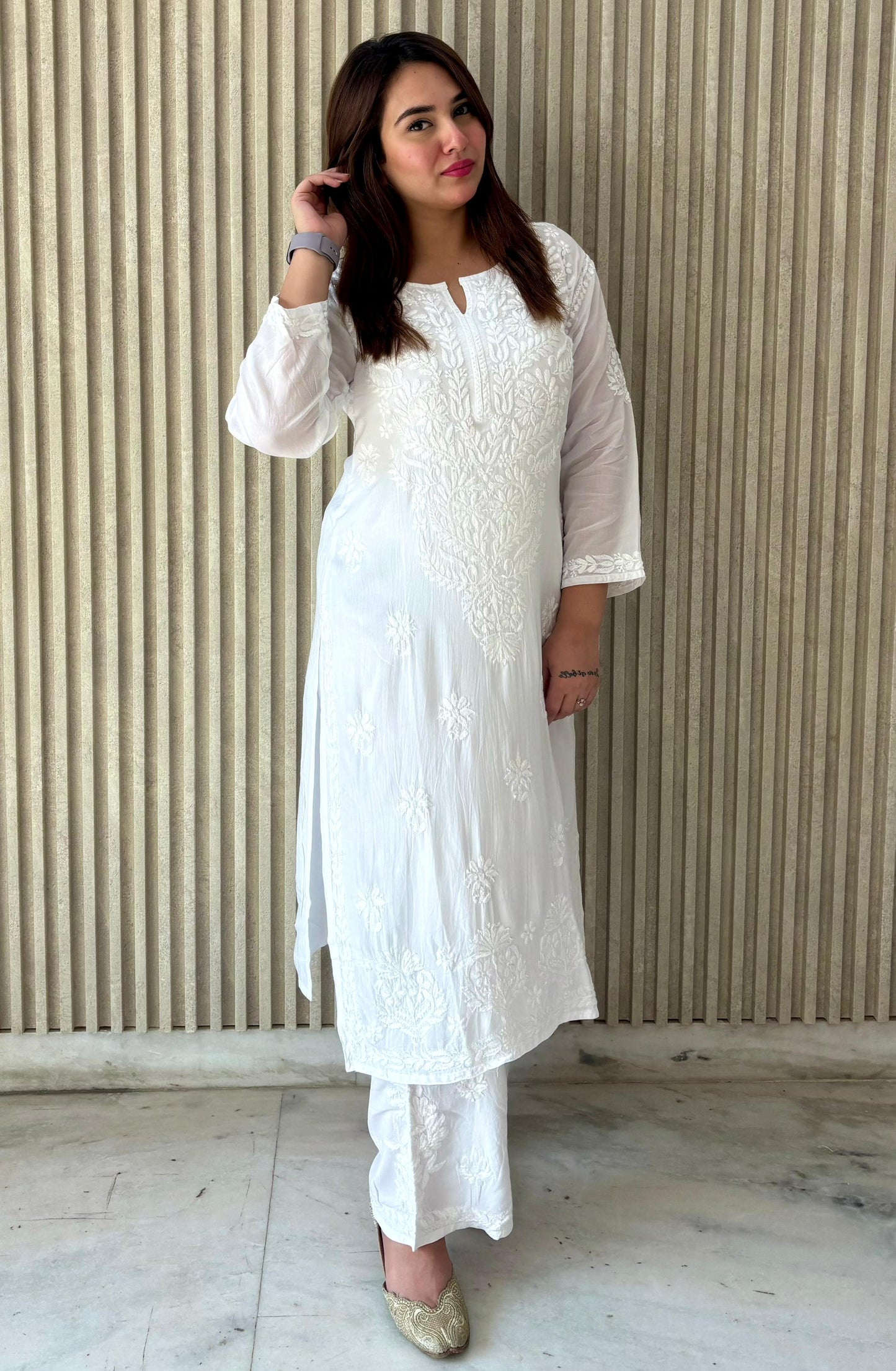 Roohani Premium modal kurta plazzo set with lucknowi threadwork kurti