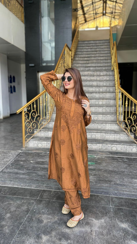 Farhaa soft chanderi cotton dyed kurta plazzo set