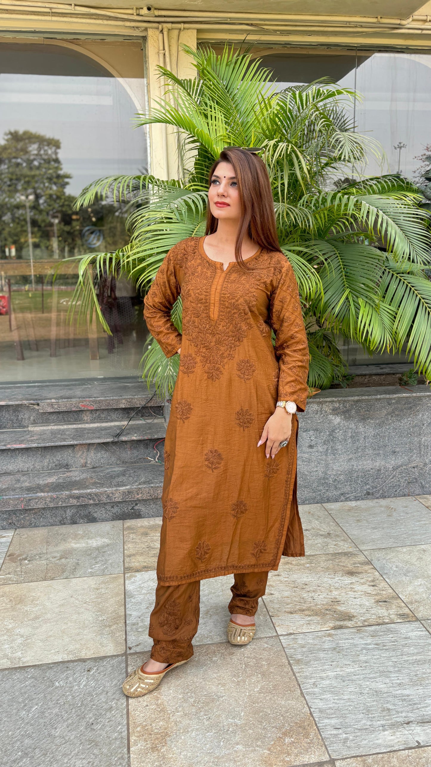 Farhaa soft chanderi cotton dyed kurta plazzo set