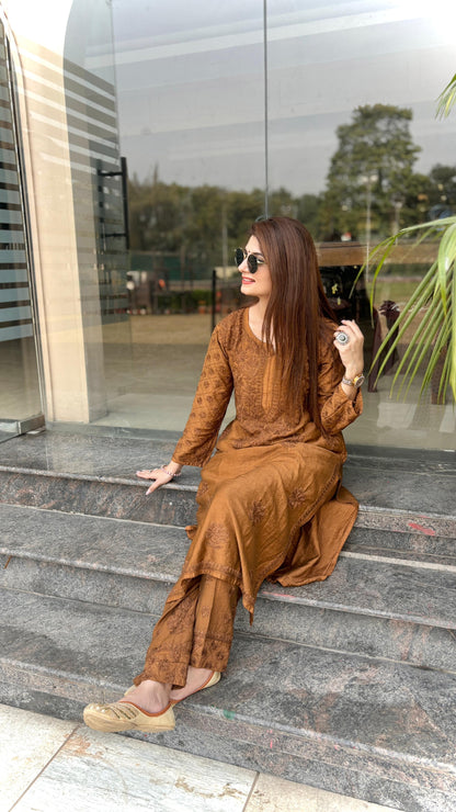 Farhaa soft chanderi cotton dyed kurta plazzo set