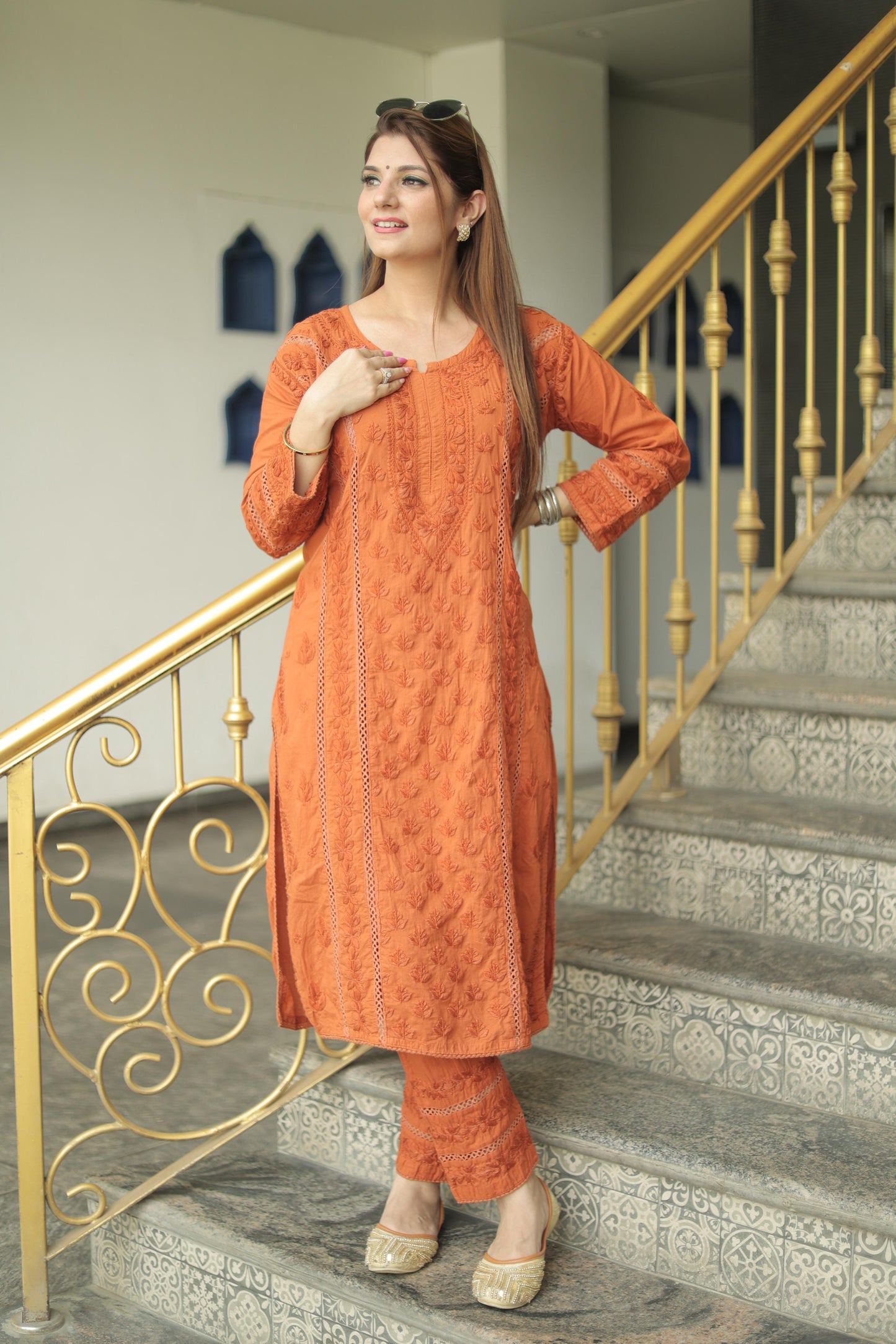 Aayesha mal cotton kurti with embroidery pant set