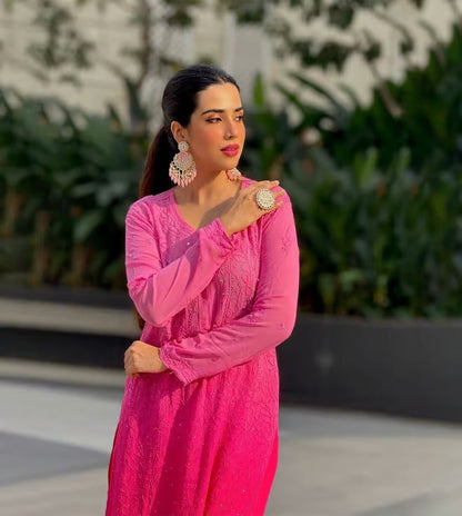 Fareen beautiful resham mukesh work viscose jall kurti paired with plazzo and chiffon dupatta.