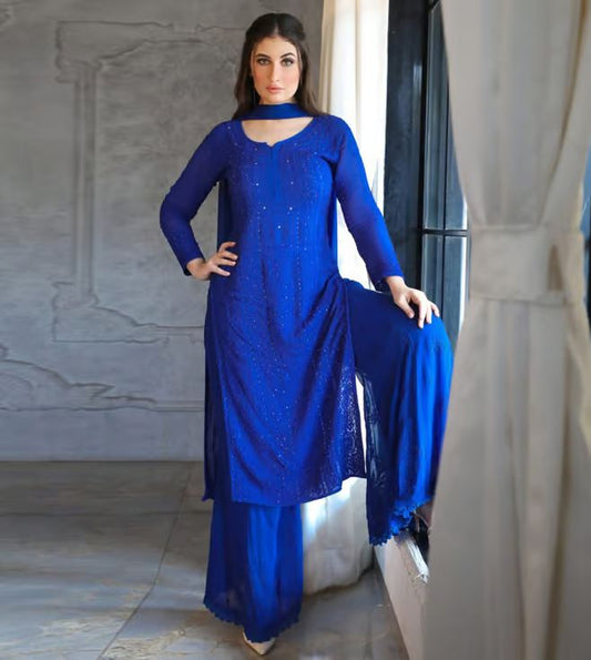 Fareen beautiful resham mukesh work viscose jall kurti paired with plazzo and chiffon dupatta.