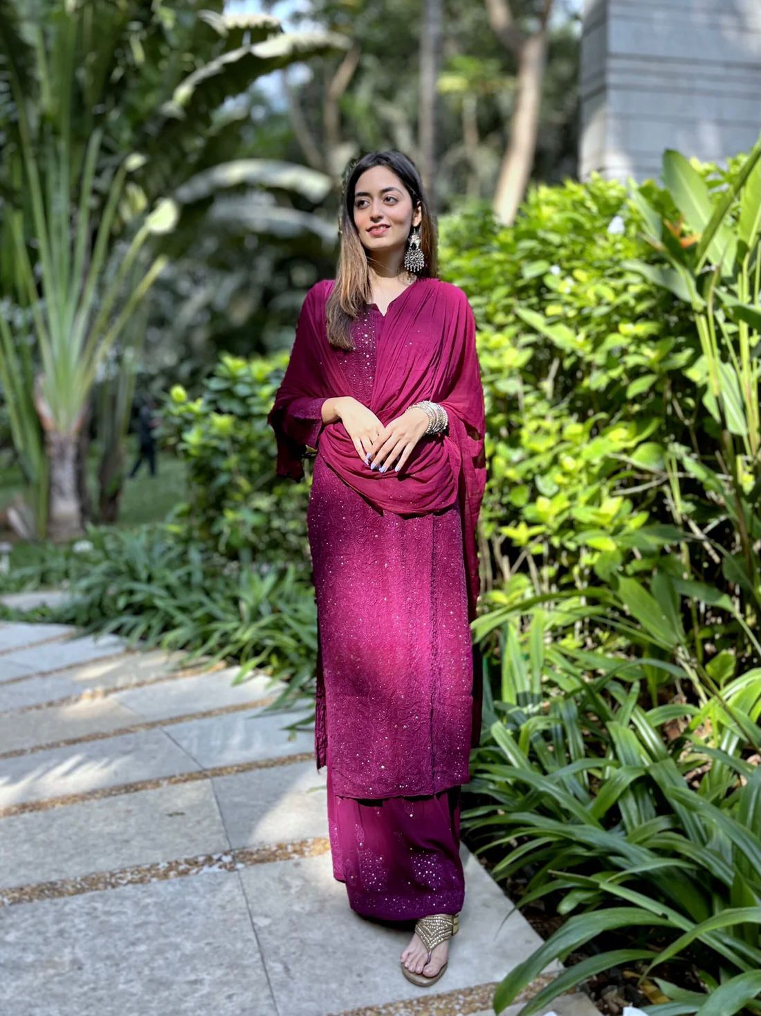 Fareen beautiful resham mukesh work viscose jall kurti paired with plazzo and chiffon dupatta.