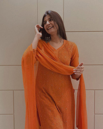 Fareen beautiful resham mukesh work viscose jall kurti paired with plazzo and chiffon dupatta.