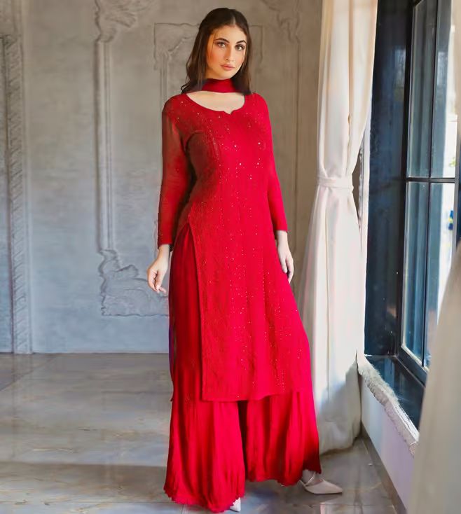 Fareen beautiful resham mukesh work viscose jall kurti paired with plazzo and chiffon dupatta.