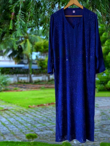 Fareen beautiful resham mukesh work viscose jall kurti paired with plazzo and chiffon dupatta.