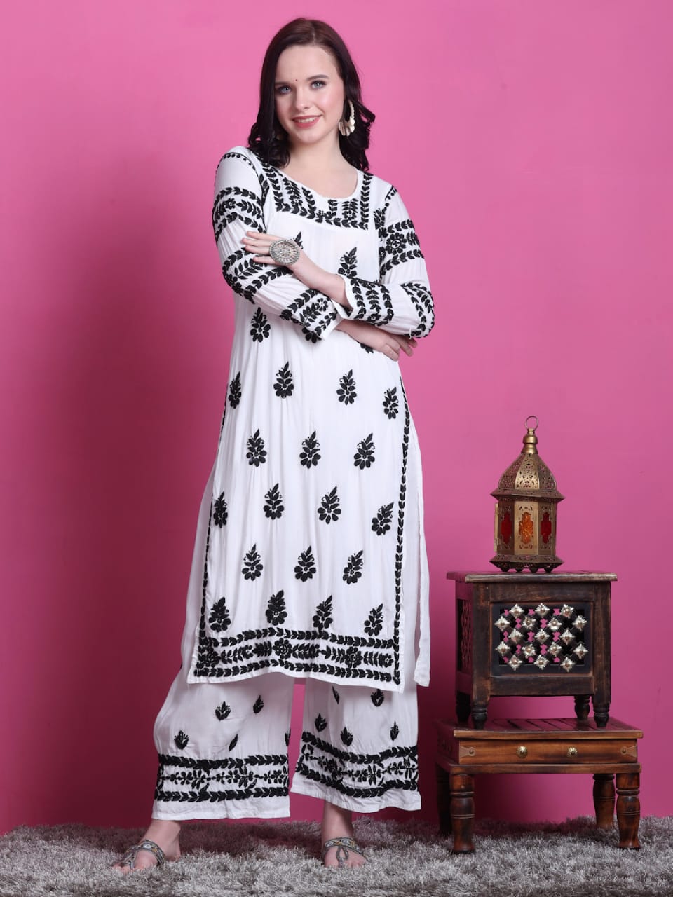Noor black and white soft modal kurta plazzo set