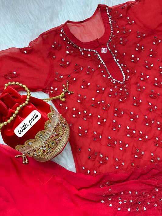 Kareema lucknowi chikankari 5 piece set with free velvet potli bag